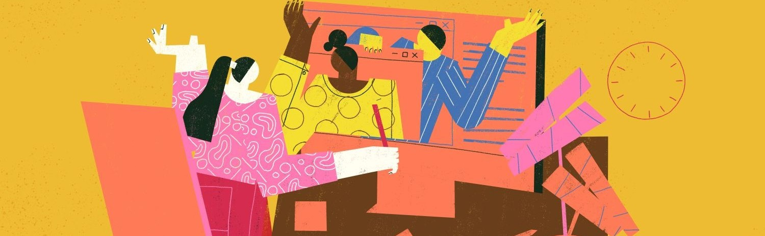 illustration of person at desk on zoom conference