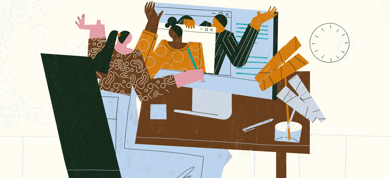 illustration of person at desk on zoom conference