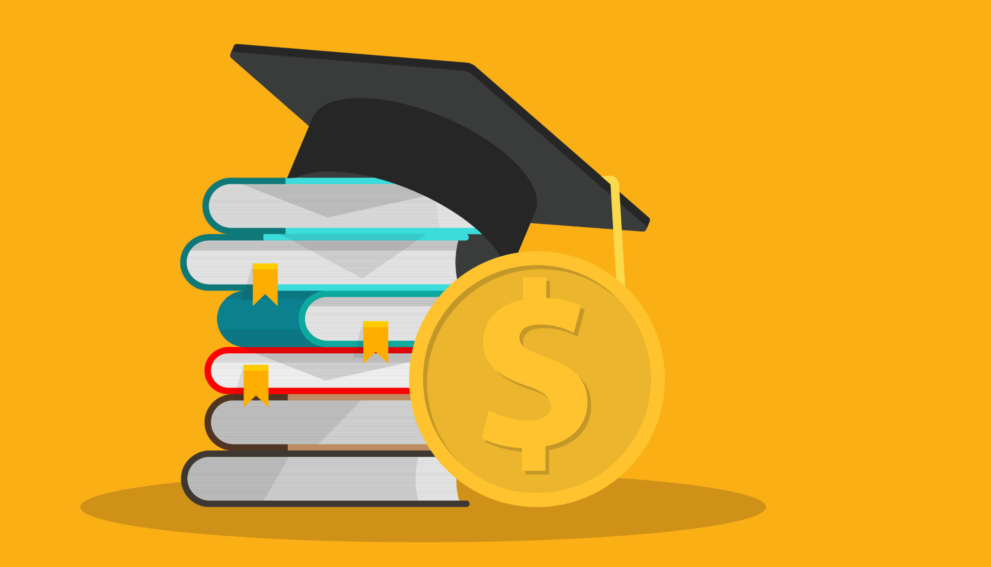 illustration of graduate cap on stack of books with large coin