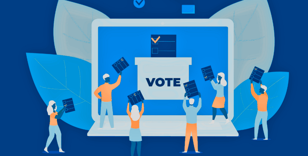 illustration of people standing in front of a giant laptop displaying a ballot box